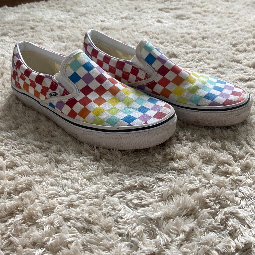 rainbow checkered slip on vans